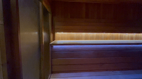 Moving image of interior of sauna.